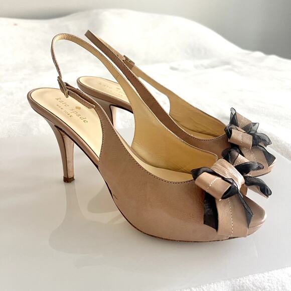 Kate Spade Billow Bow Heels Sz 6-1/2 Beige Nude Slingback Peep Toe Sandals Shoes - Picture 9 of 9